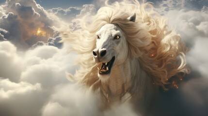 Obraz na płótnie Canvas A white horse with long hair flying through the air. Generative AI image.