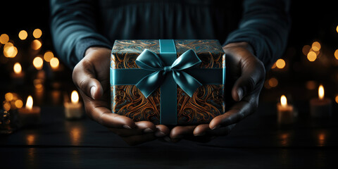 Fototapeta na wymiar Elegance Wrapped: Black Hands Holding Christmas Gift with Textured Golden Paper and Blue Satin Ribbon - Ai Generative 