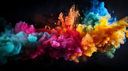 Naklejka na ściany i meble Colorful explosion of chalk dust against a dark background, high - speed photography style, dynamic movement, vibrant, playful, surreal