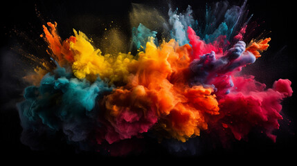 Obraz na płótnie Canvas Colorful explosion of chalk dust against a dark background, high - speed photography style, dynamic movement, vibrant, playful, surreal