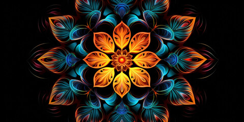 Fractal flowers blooming in a mesmerizing mandala pattern, bold, vivid colors, psychedelic design, glowing on a dark background, abstract, digital art