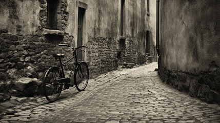 Fototapeta na wymiar Vintage photograph, classic European alley with cobblestone and a parked bicycle, monochrome, texture of an old print, scratches, dust