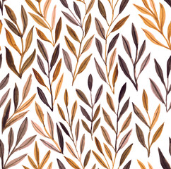 Brown watercolor leaf seamless pattern. Composition of green leaves and branches on a white background, perfect for wrappers, wallpapers, postcards, greeting cards