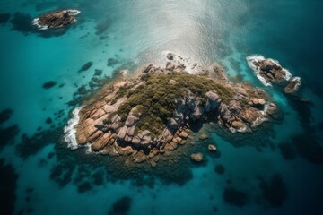 Fototapeta na wymiar view of a reef in the sea, Photographic Capture of an Archipelago with a Blue Ocean, Offering a Breathtaking Bird's-Eye View of the Serene Shoreline