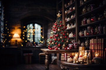 Christmas tree inside a rustic living room, surrounded by gifts. Festive joy and cozy ambiance concept. AI Generative