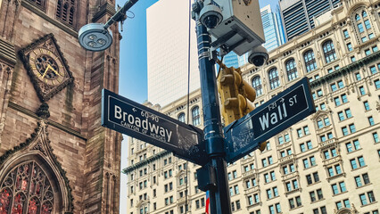 At the corner of Broadway and Wall Street in New York City