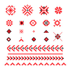 Set of elements of Ukrainian national embroidery in red and black. For logos, signs, decor, social media posts, banners, postcards, merch, clothes, fabrics