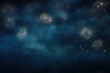 Fototapeta premium A stunning long panorama featuring a Silvester 2024 celebration. Colorful fireworks burst against the backdrop of a textured dark blue night sky, setting the stage for a festive New Year's Eve. AI Art