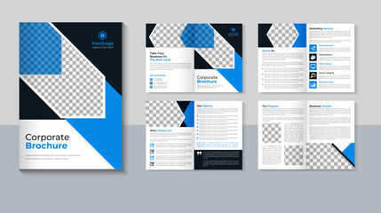 Business company profile 8 page brochure design, Multipage brochure template, Blue color, layout vector