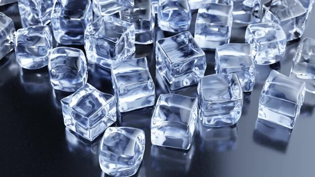 Ice Cubes at reflective table. Camera slides and stops. 3d rendered 4k animation.