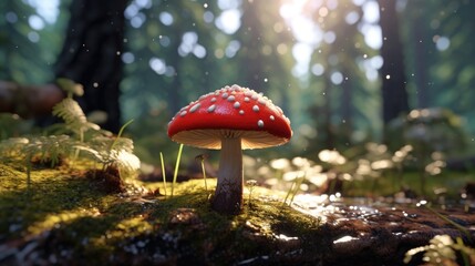 Colorful red mushroom in the forest, fly agaric, generative ai