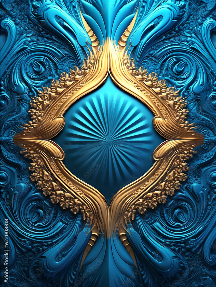 Wall mural blue and gold template with fancy pattern, generative ai