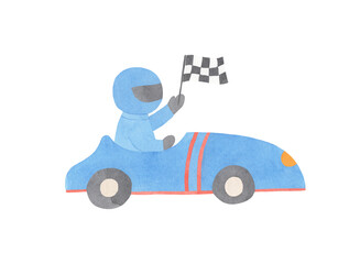 Racer in a Car Watercolor Illustrtion - formula 1 hand painted character with helmet for baby shower, greeting cards, it's a boy, nursery sport design