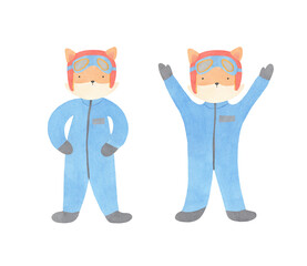 Set of Fox Racers Standing Full Body Watercolor Illustrtion - sport formula 1 hand painted animal bunny with a red helmet for baby shower, greeting cards, it's a boy, nursery sport design