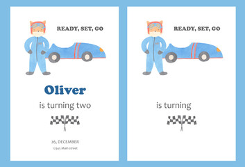 Set of Fox Racer with a Car Watercolor Illustration Postcards - isolated baby shower, greeting cards, happy birthday design templated for kids baby boy