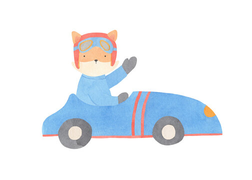 Racer Fox in a Car Watercolor Illustrtion - formula 1 hand painted animal with a red helmet for baby shower, greeting cards, it's a boy, nursery sport design