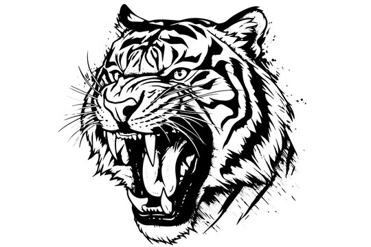 Tiger head hand drawn engraving style vector illustration.