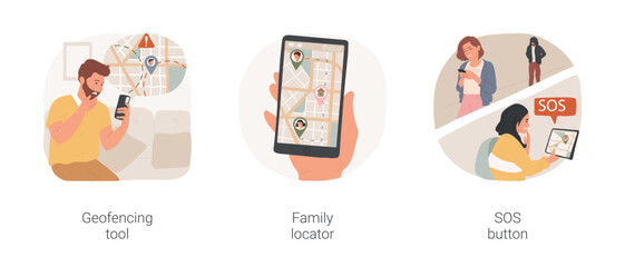 Family security app isolated cartoon vector illustration set. Geofencing tool, location notification, teen with smartphone, SOS button, child feeling unsafe, monitoring system vector cartoon.