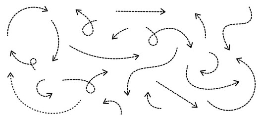Set of black dotted arrows in doodle style. Broken arrows in the form of a loop. Flow direction. Pointers to the wire, up, down. Curved line. Vector illustration.
