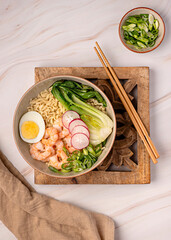Food photography of soup ramen, boiled egg, onion, shrimp, noodle, prawn, miso, seafood, chinese, japanese, dish, bowl, chopstick