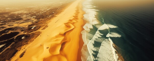 wave on the beach, Photographic Close-Up of Flying over the Ocean and Beach in the Style of Yellow and Orange, Embracing the Essence of American Landscapes