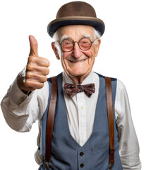 Portrait of an elder smiling man raising his thump up isolated on white background as transparent PNG