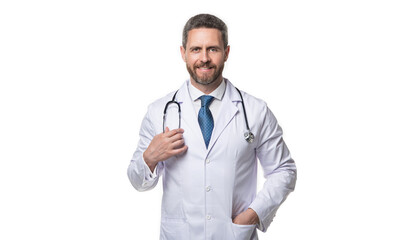 happy cardiologist isolated on white. cardiologist in studio. cardiologist on background.