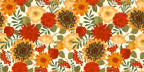 Floral seamless pattern with autumn flowers, leaves and apples. Vector background for various surface.