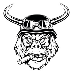 Gorilla in a biker helmet and with a cigar. Vector illustration of primates. Sketch of an angry gorilla head