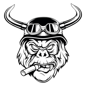 recommend clip art: Gorilla in a biker helmet and with a cigar. Vector illustration of primates. Sketch of an angry gorilla head