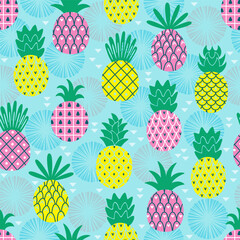 Trendy seamless pattern with colorful pineapples. Vector illustration.