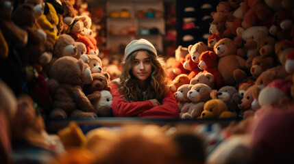 Playroom Delight: Little Girl Surrounded by an Array of Toys and Teddy Bears, Experiencing the Magic of Childhood Joy, Comfort, and Imagination.




 - obrazy, fototapety, plakaty