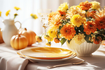 Obraz na płótnie Canvas Autumn table setting with pumpkins and flowers for celebration Thanksgiving. Generative AI illustration