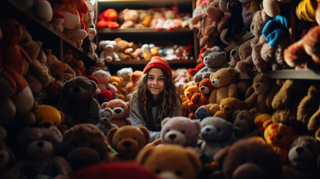 Playroom Delight: Little Girl Surrounded by an Array of Toys and Teddy Bears, Experiencing the Magic of Childhood Joy, Comfort, and Imagination.




