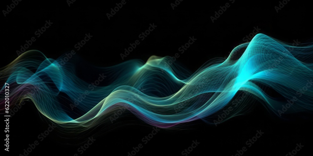 Poster abstract animation of colorful waves on a black background, evoking a mesmerizing blend of light sky