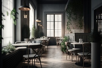 Fototapeta premium Interior of modern restaurant with grey walls, wooden floor, dark wooden tables and chairs