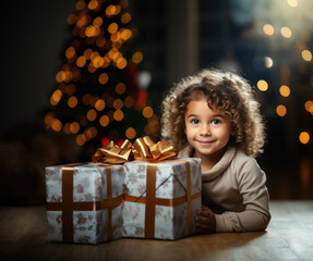 Fototapeta na wymiar Radiant Joy. Child radiating happiness surrounded by Christmas gifts. Pure delight and holiday excitement concept. AI Generative