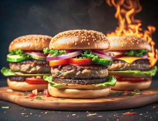 Generative AI image of  a three fresh hamburger.