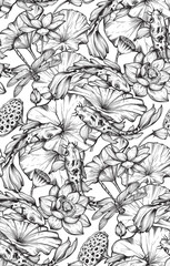 Vector seamless pattern with hand drawn blooming lotus flowers and leaves. Traditionsl oriental print. Best for textile.