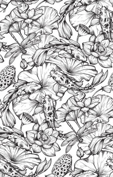 Vector seamless pattern with hand drawn blooming lotus flowers and leaves. Traditionsl oriental print. Best for textile.