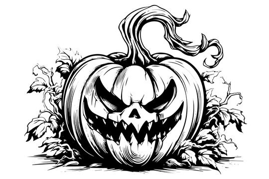 Halloween pumpkin head mascot engraving ink sketch hand drawn vector illustration.