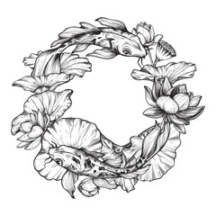 Vector wreath with hand drawn blooming lotus flowers and leaves, Koi fish.