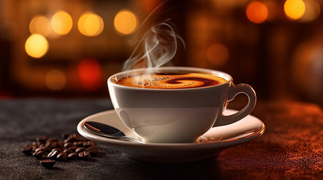 ai generative modern coffee cup with a city bokeh beautiful lights as background 