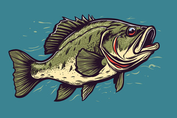 Obraz na płótnie Canvas Doodle inspired Largemouth bass, cartoon sticker, sketch, vector, Illustration
