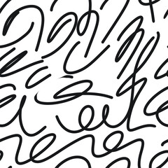 Abstract doodle seamless pattern, repeating chaotic flexible black lines on white background