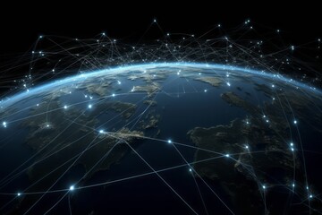 Obraz premium earth with network, CGI Close-Up of a Satellite Network Illuminating the Globe, Uniting through Links and Laser Beams