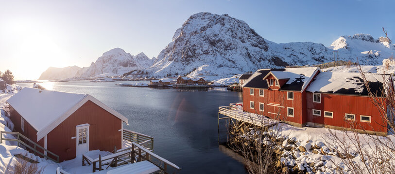 Wonderful nature image of north fjords with mountains landscape and fishing village. Scenic photo of winter. Panorama A Village in Moskenes, Norway lofoten island in winter season.