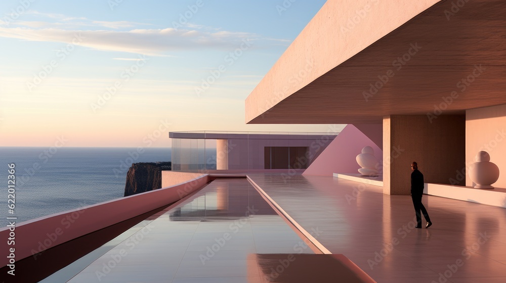 Wall mural a man standing on a balcony overlooking the ocean. generative ai image.