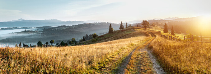 Mountain autumn landscape. Grassy road to the mountains hills during sunset. Nature background - obrazy, fototapety, plakaty