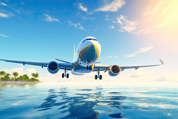Fototapeta premium Airplane over ocean at sunny day